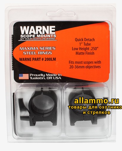 Крепления Warne WEAVER 1 дюйм- QD Low 200LM Крепления Warne (кольца 25,4мм) на базу weaver низкие QD Low 200LM
