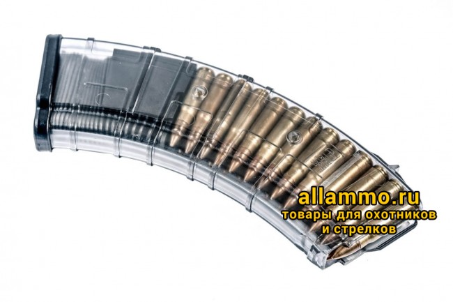 Магазин Pufgun на ВПО-133/Сайга-МК/М (без сухаря) 7,62х39 30 патронов, (возм. укорочения), прозрачный