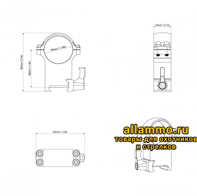 Быстросъемные кольца  Vector Optics 30мм, Weaver, высокие H=27мм (XASR-SQ13) 