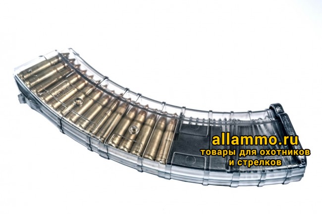 Магазин Pufgun на ВПО-133/Сайга-МК/М (без сухаря) 7,62х39 40 патронов, (возм. укорочения), прозрачный