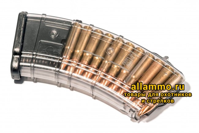 Магазин Pufgun на ВПО-136/АК/АКМ/Сайга (с сухарем) 7,62х39 20 патронов, (возм. укорочения) прозрачный