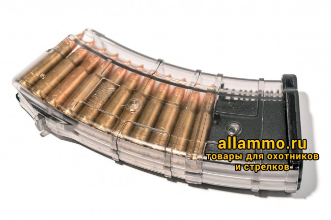 Магазин Pufgun на ВПО-136/АК/АКМ/Сайга (с сухарем) 7,62х39 20 патронов, (возм. укорочения) прозрачный