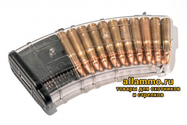 Магазин Pufgun на ВПО-136/АК/АКМ/Сайга (с сухарем) 7,62х39 20 патронов, (возм. укорочения) прозрачный