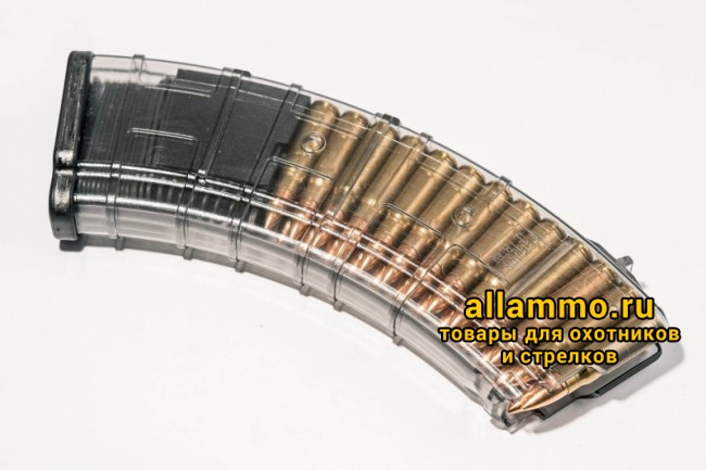 Магазин Pufgun на ВПО-136/АК/АКМ/Сайга (с сухарем) 7,62х39 30 патронов, (возм. укорочения), прозрачный