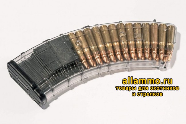 Магазин Pufgun на ВПО-136/АК/АКМ/Сайга (с сухарем) 7,62х39 30 патронов, (возм. укорочения), прозрачный