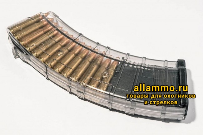 Магазин Pufgun на ВПО-136/АК/АКМ/Сайга (с сухарем) 7,62х39 30 патронов, (возм. укорочения), прозрачный