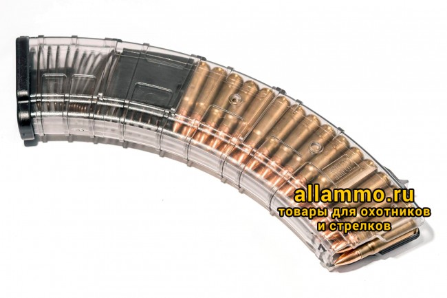 Магазин Pufgun на ВПО-136/АК/АКМ/Сайга (с сухарем) 7,62х39 40 патронов, (возм. укорочения), прозрачный