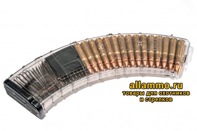 Магазин Pufgun на ВПО-136/АК/АКМ/Сайга (с сухарем) 7,62х39 40 патронов, (возм. укорочения), прозрачный