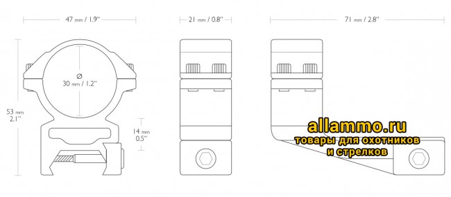 Кольца Hawke 30мм c выносом 71мм на планку Weaver (высокие)