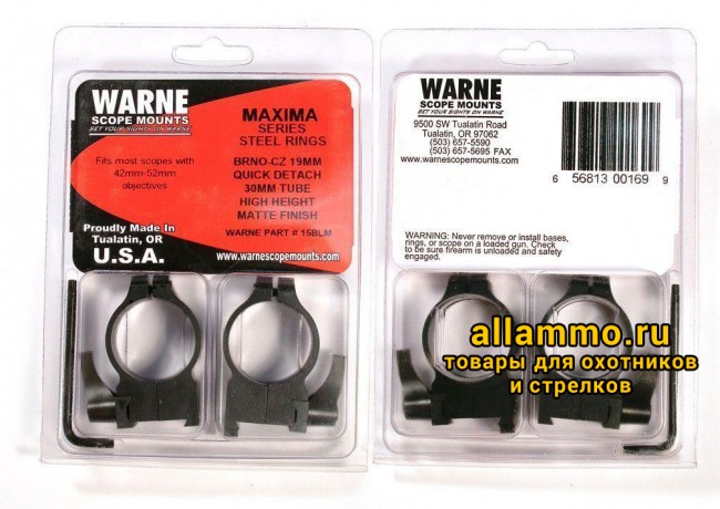 Крепления Warne CZ550 30mm QD High 15BLM Крепления Warne (кольца 30мм) на CZ550 высокие High 15BLM
