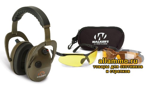 24043 (PMA4LG) Набор для стрелка: активные наушники Alpha Power Muff Black + очки с 4 сменными цветными линзами, Walker`s (США)
