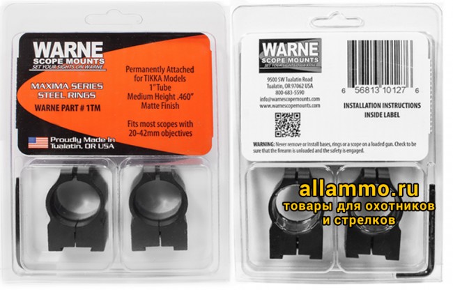 Крепления Warne TIKKA 1 дюйм- Medium 1TM Крепления Warne (кольца 25,4мм) на TIKKA средние Medium 1TM