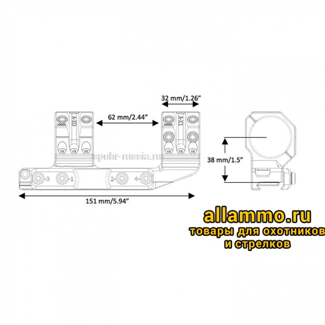 Монтажная область 1 копия 5 Тактический быстросъемный кронштейн SPUHR D30мм для установки на Picatinny, H38мм, наклон 6MIL/20.6MOA , с выносом (QDP-3616)