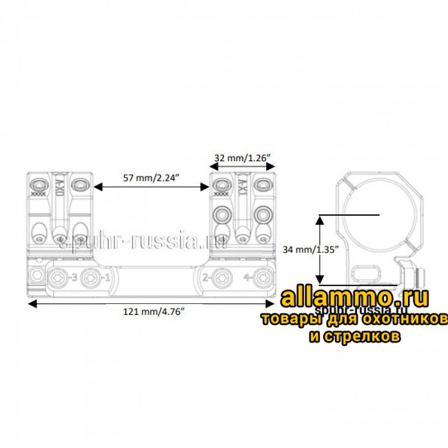 Тактический кронштейн SPUHR D34мм для установки на Picatinny, H34мм, без наклона (SP-4006)