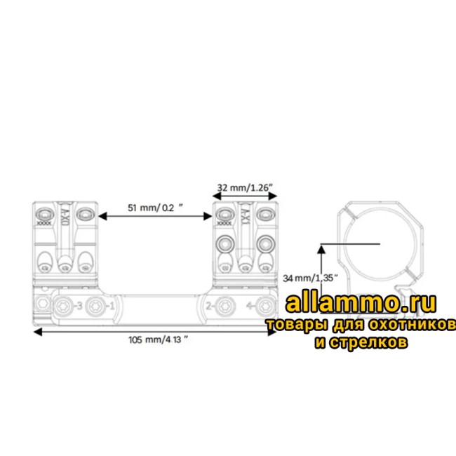 SP-4036 Единое укороченное основание SPUHR с кольцами 34 мм для установки на picatinny, без наклона Швеция
