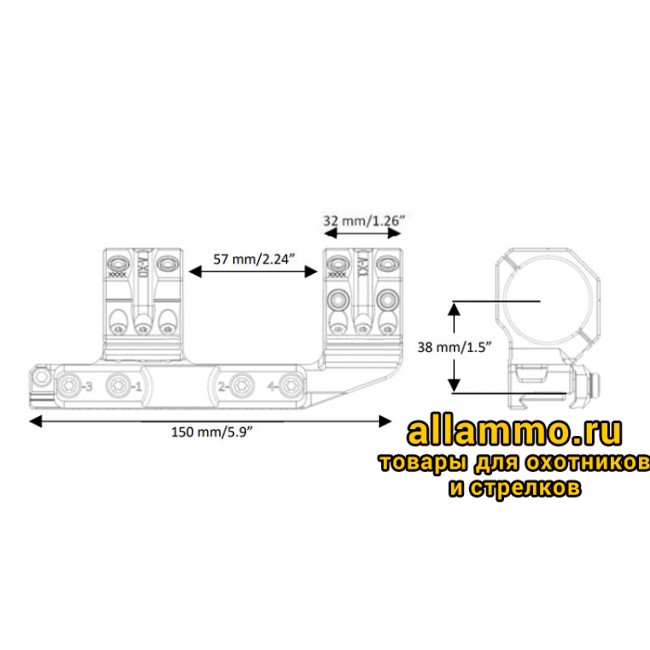 Тактический кронштейн SPUHR D34мм для установки на Picatinny, H38мм, без наклона, с выносом (SP-4016)
